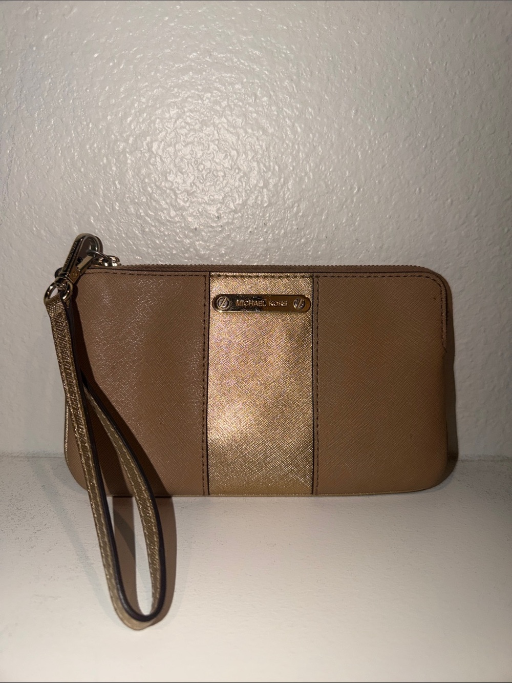 Michael Kors Tan and Gold Wristlet Clutch